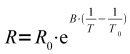 The relation between temperature and resistance of a NTC thermistor.